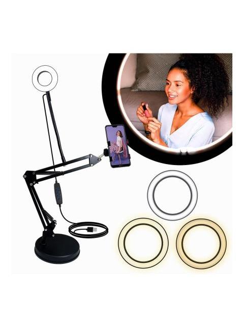 ARO DE LUZ LED PEDESTAL CON BRAZO FLEXIBLE SOPORTE CELULAR NEGRO