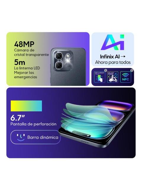 CELULAR INFINIX HOT 50I 128 GB ROM 4 GB+4 GB RAM VIRTUAL DUAL SIM MEDIATEK HELIO G81 6.7 HD+ 120 HZ 48 MP 5000 MAH CHARGE OF 18 W MORADO