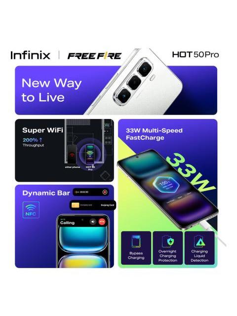INFINIX HOT 50 PRO COLABORADO CON FREE FIRE MORADO DUAL SIM 256GB 8GB+8GB RAM FRECUENCIA DE ACTUALIZACION DE 120HZ MODELO DEL PROCESADOR MEDIATEK HELIO G100