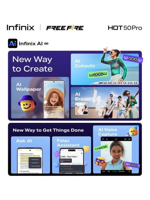 INFINIX HOT 50 PRO COLABORADO CON FREE FIRE MORADO DUAL SIM 256GB 8GB+8GB RAM FRECUENCIA DE ACTUALIZACION DE 120HZ MODELO DEL PROCESADOR MEDIATEK HELIO G100