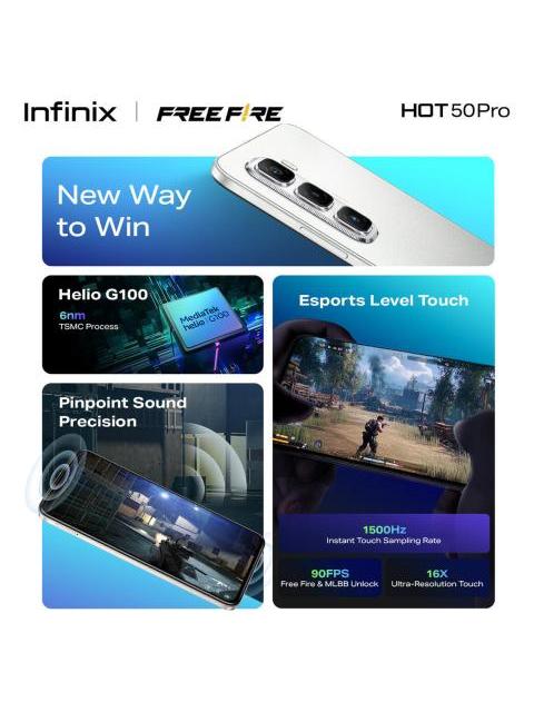INFINIX HOT 50 PRO COLABORADO CON FREE FIRE MORADO DUAL SIM 256GB 8GB+8GB RAM FRECUENCIA DE ACTUALIZACION DE 120HZ MODELO DEL PROCESADOR MEDIATEK HELIO G100